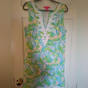 Lilly Pulitzer Pink and Green Leaf Print Dress EUC No Fading Or Pilling XL
